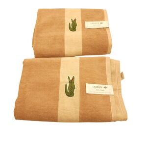 Lacoste Bath Towel 100% Cotton Loops Beige Stripe Embroidered Croc Set of 2